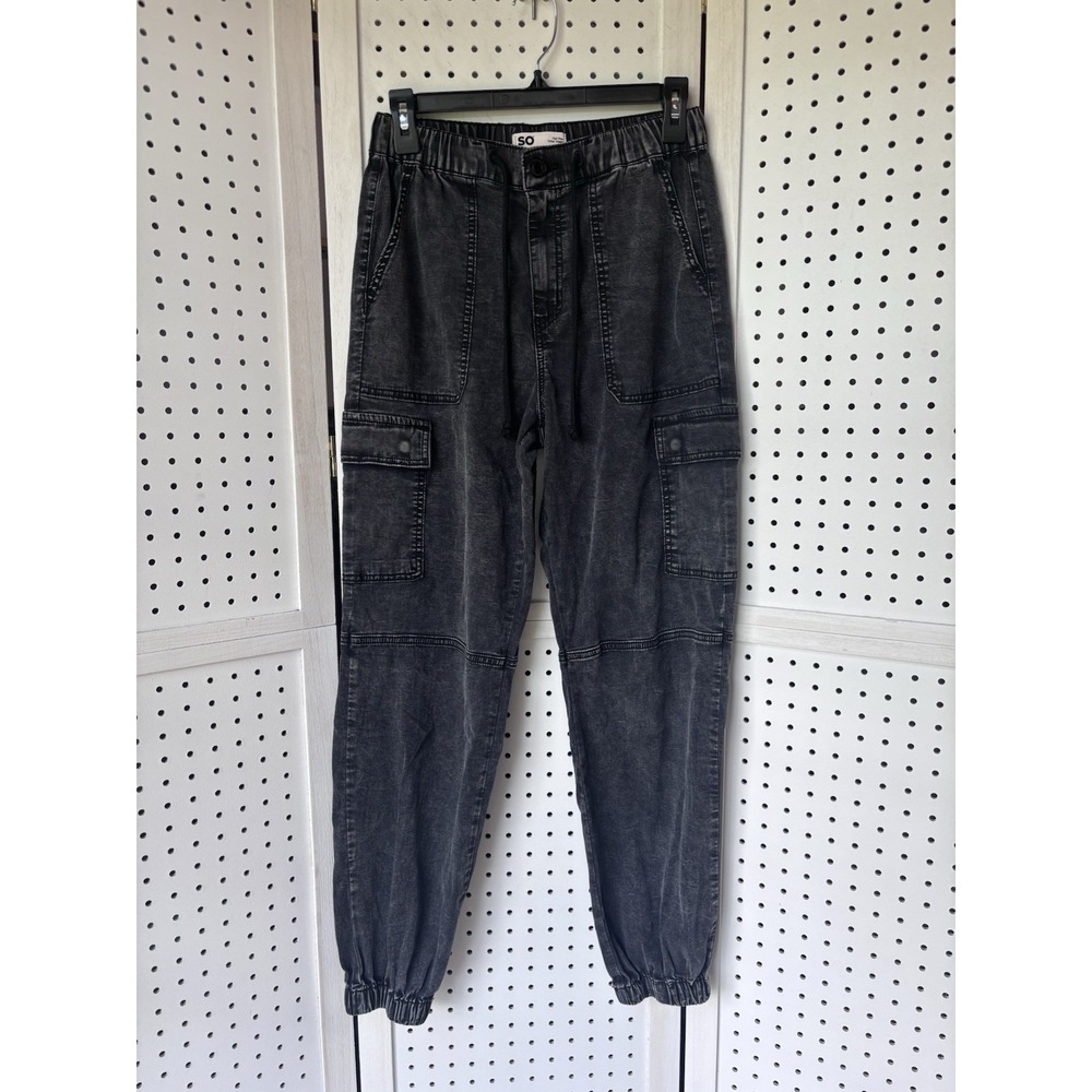 SO High Rise Cargo Jogger Jeans Elastic Waist Pants Women's Sm Black Washed